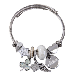 Stainless steel cable charm bracelet with heart, wing, and pearl pendants for women
