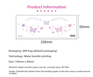 Detailed spec sheet for purple heart and butterfly water transfer tattoo stickers