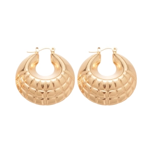 Chunky gold geometric hoop earrings with textured diamond patterns and click-top closure