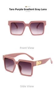 Detail view of square lavender sunglasses with gradient lenses and gold M-shaped metal temple