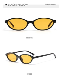 Front and 45-degree angle views of retro oval sunglasses with black frames and yellow lenses