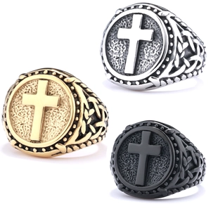 Retro Stainless Steel Cross Signet Ring For Men Women Vintage Celtic Knot Embossed Polished Gothic Religious Band Jewelry Gift