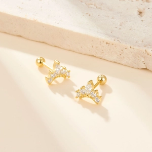 Elegant gold crown sterling silver stud earrings with zircon stones and screw back closure