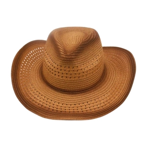 Close-up of the woven texture and breathable hollow mesh on the tan cowboy straw hat