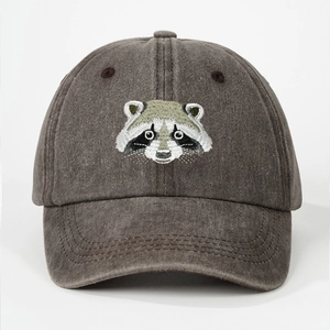 Vintage dark gray washed cotton baseball cap with detailed raccoon embroidery
