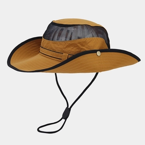 Detail of the caramel hiking hat featuring breathable mesh and adjustable chin strap