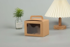 Brown kraft paper gift box with transparent window and handle for cakes and candies