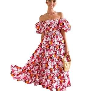 Vestido largo bohemio con hombros descubiertos, estampado abstracto y mangas abullonadas
