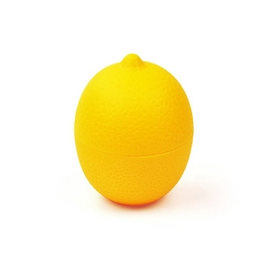 Detail view of a lemon-shaped yellow plastic container with realistic peel texture