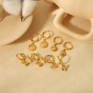 18K gold plated stainless steel earring set with sun, butterfly and bee charms