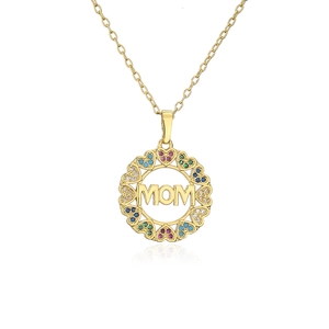 Gold MOM heart pendant necklace with colorful cubic zirconia stones and matching chain