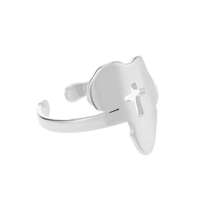 Detailed macro view of silver Africa map outline ring with a cutout cross design