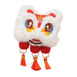 Pince à cheveux danse du lion chinois avec fourrure blanche et pompon en soie rouge