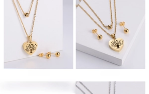 Close-up of heart necklace with tree of life design and 18k gold plated ball earrings