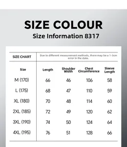 Detailed size chart for men's stand collar jacket showing measurements from M to 4XL