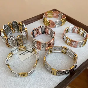 Retro elastic heart bracelet set in gold silver and rose gold with engraved dream love faith
