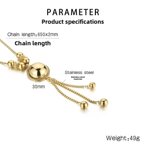 Detail of a 650mm long stainless steel necklace with ball pendant and tassel chains