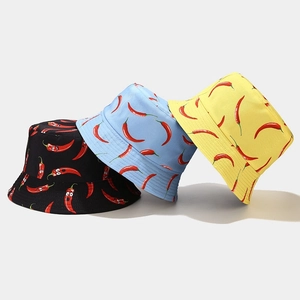 Reversible Cotton Bucket Hat With Cartoon Chili Print Outdoor Sun Protection Casual Sunshade Hat For Women Men