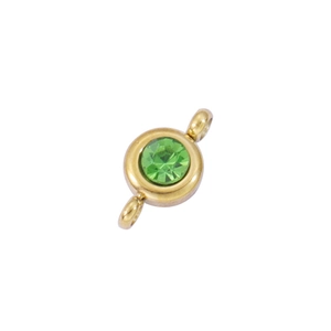 Detail of green round birthstone pendant with golden double loops for DIY jewelry making