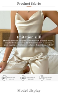 Detail of silk satin camisole set showing washing instructions and smooth fabric texture
