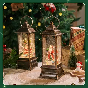 Vintage style Christmas lantern with Santa scene, glowing snow globe effect for holiday decor