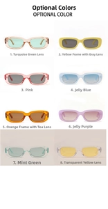 Grid display of vintage rectangle sunglasses in eight assorted gradient jelly colors