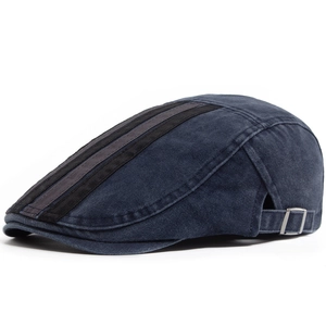 Washed distressed ivy cap in navy blue denim with decorative stripes and metal buckle
