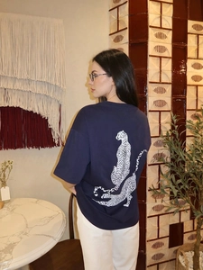 Women's loose navy blue t-shirt with two white cheetah back print for street style