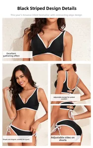 Detail of black bikini set featuring contrast white piping and adjustable lace-up back