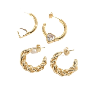 14K gold plated heart zircon and twisted rope hoop earrings set on white background
