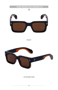 Detail view of vintage square sunglasses in dark brown and gold brown finish