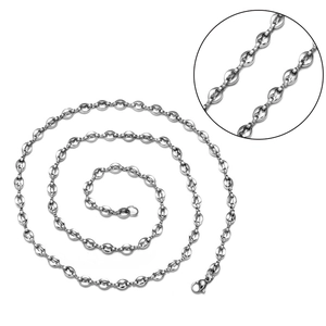 Polished silver stainless steel coffee bean link chain necklace with detail macro view