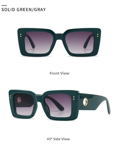 Detail view of green square sunglasses with gold rivet accents and gradient lenses
