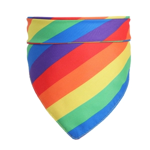 Detailed close-up of rainbow striped pet bandana featuring vibrant colors and quality stitching