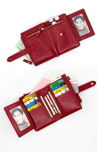 Interior layout of red leather purse showing card slots, photo window and zipper pocket