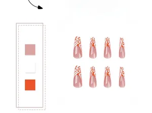 Detail view of long coffin nails featuring vibrant orange and red wavy line patterns