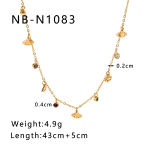 Detail of 18K gold-plated necklace with colorful eye charms and specific size parameters
