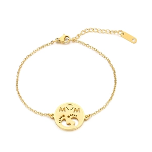 Golden stainless steel MOM bracelet with baby footprints cutout pendant and lobster clasp