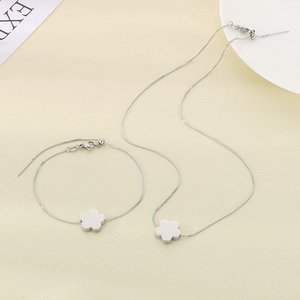 Silver stainless steel jewelry set with flower clover pendant necklace and snake chain bracelet