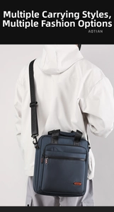 Detail showing the adjustable branding strap and multi-pocket design of this men's crossbody bag