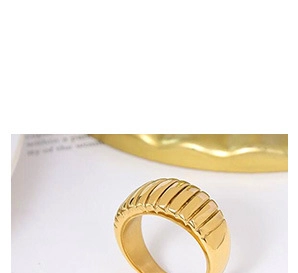 Close-up of a gold wide-band ring with vertical pleated texture and polished finish