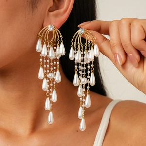 Waterdrop Faux Artificial Pearl Tassel Dangle Earrings With Zircon Copper Body And Silver Earring Post Vintage Luxury Jewelry For Women