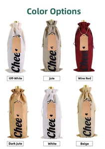 Detailed set of six linen wine gift bags with Cheer print and heart shaped kraft tags