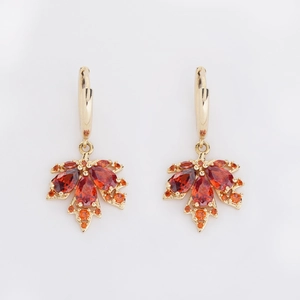 Elegant maple leaf earrings with orange zircons and gold plated hooks for women