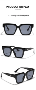 Detail shots of square sunglasses showing silver rivet accents and temple specifications