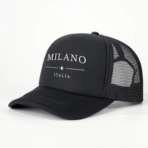 Classic black MILANO ITALIA trucker hat with breathable mesh and adjustable back