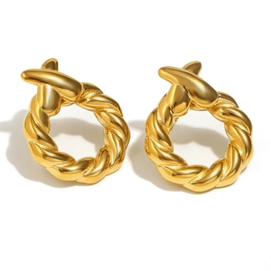 18K gold plated stainless steel twisted rope hoop earrings with geometric texture