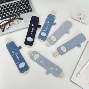 Denim Pen Holder Elastic Band Stylus Sleeve For Notebook Tablet Case Denim Fabric Embroidered Star Butterfly Pattern Blue