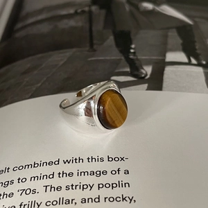 Minimalist adjustable 925 silver ring with oval tiger eye stone in retro style