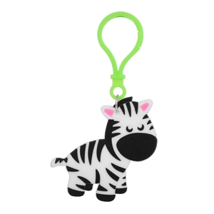 Detailed view of a cute cartoon zebra PVC keychain with a bright green plastic hook